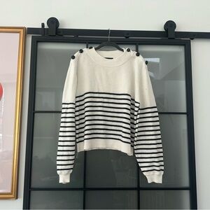 Kooples ecru striped wool sweater with leather buttons